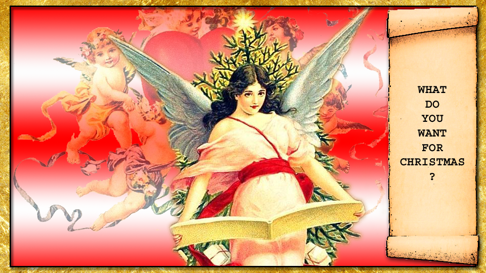 a christmas angel against a background of cherubs with a huge red heart