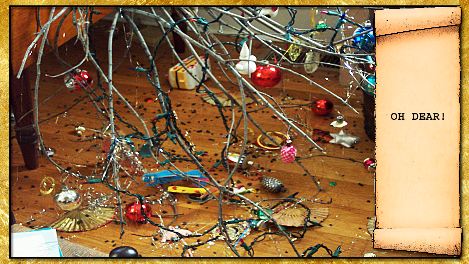 a bare christmas tree that fell over and the balls smashed