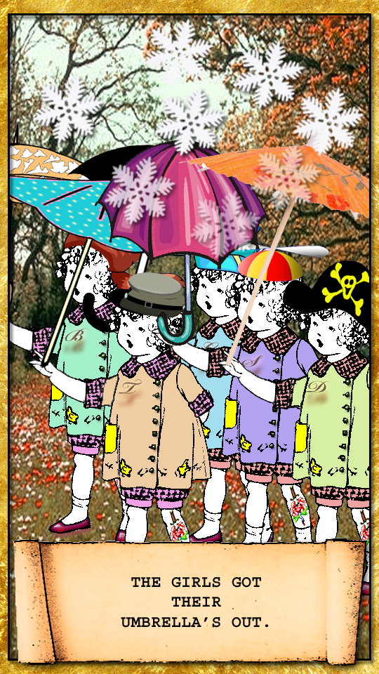 the girls get their umbrellas out when the snow starts falling