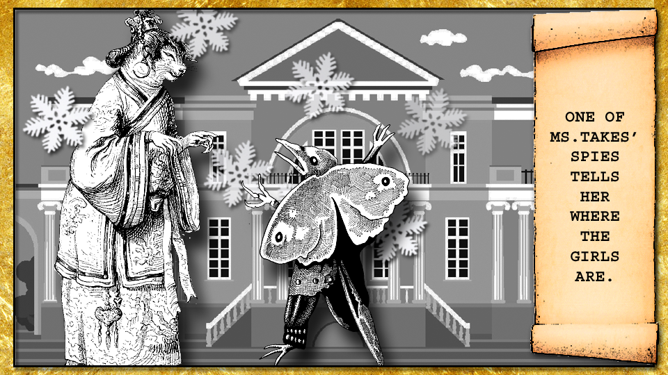 ms.takes spy - a figure with a bird like head and moth wings tells her where the girls are
