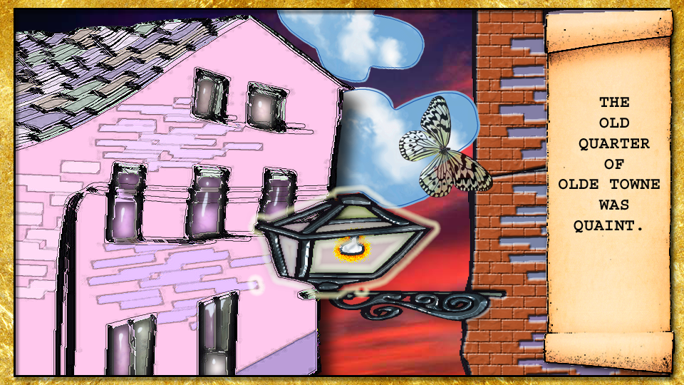 quaint old buildings with fluffy clouds against a sunset. Quaint street lamps and a butterfly.