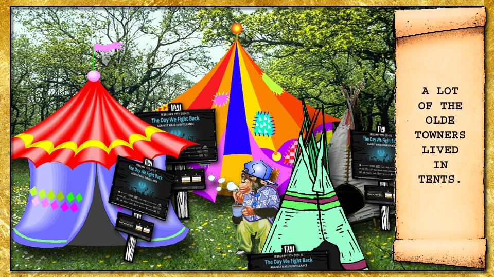 a circus tents and teepees with signs about protesting mass government spying, and an olde towner blowing bubbles while drinking coffee