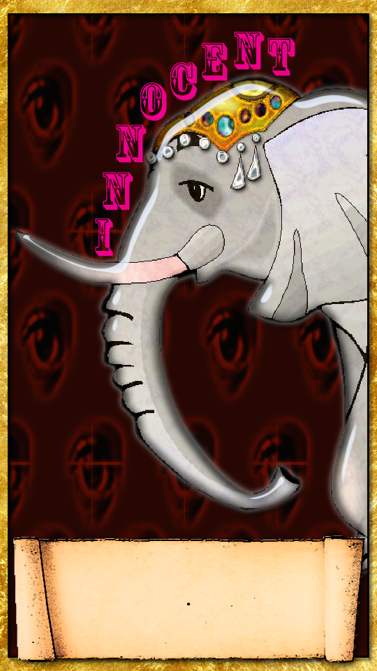 an elephant starting to walk by the frame in front of watching eyes, with innocent printed above it.