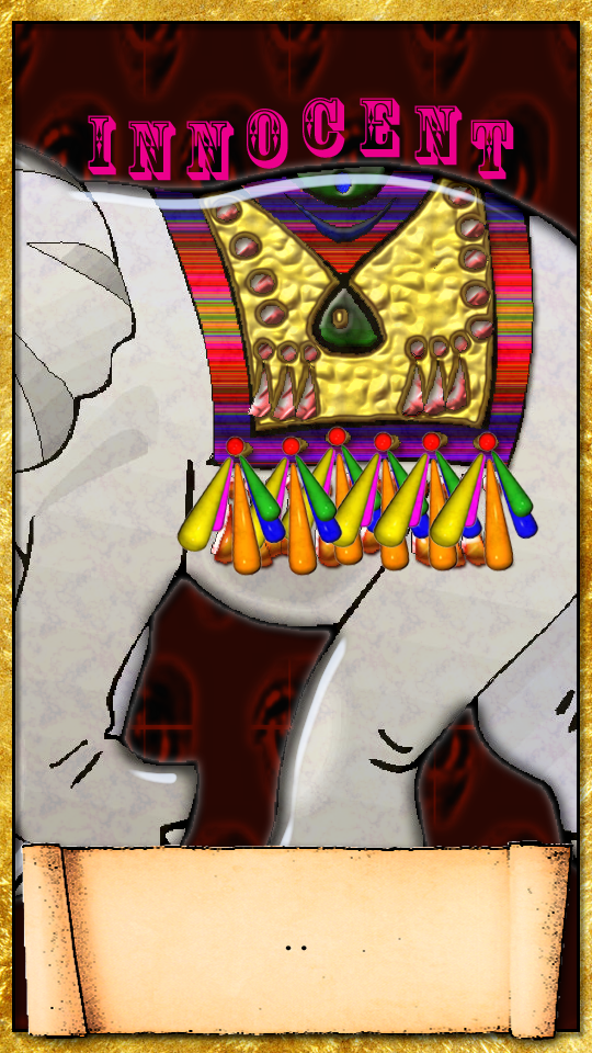 the middle part of an elephant walking by the frame in front of watching eyes, with innocent printed above it.