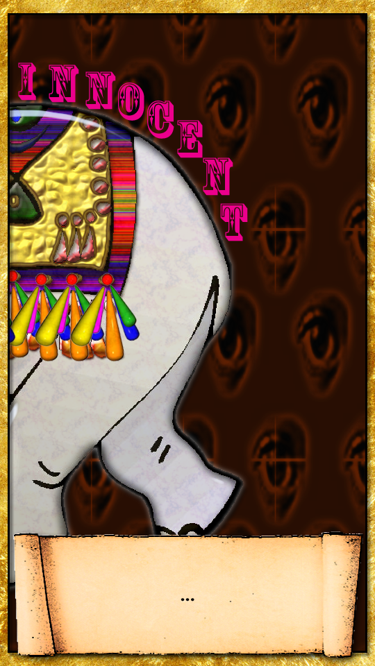 the end part of an elephant walking by the frame in front of watching eyes, with innocent printed above it.