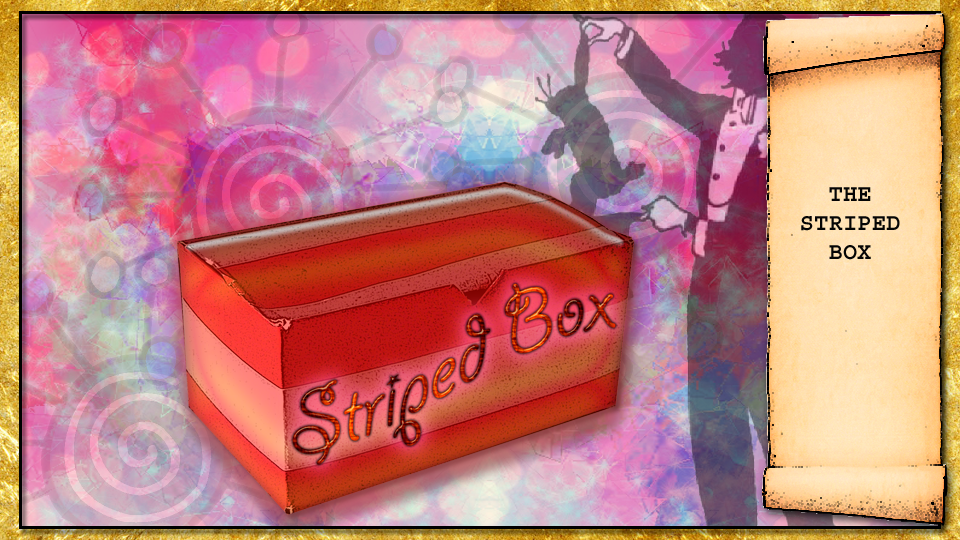 a picture of a red and white striped rectangular closed box with a magician pulling a rabbit out of a hat in the background.
